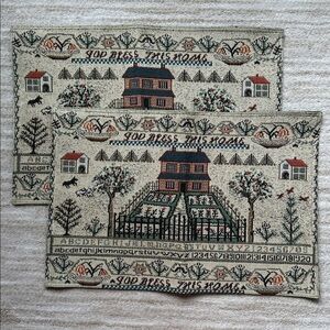 Set of 2 Vintage Style Handwoven Country Sampler Tapestry Place Mats Cottagecore